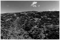 Blocks of aa lava and olivine sand, North Pit, Mauna Loa. Hawaii Volcanoes National Park, Hawaii, USA. (black and white)