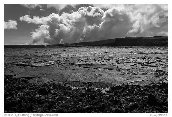 Mokuaweoweo crater and clouds, Mauna Loa. Hawaii Volcanoes National Park (black and white)