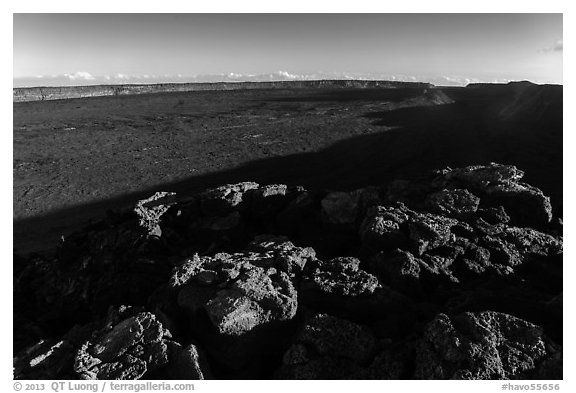 Mokuaweoweo caldera with late afternoon shadows. Hawaii Volcanoes National Park (black and white)