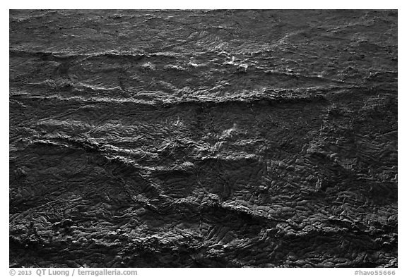 Hardened lava waves which flowed in the 1980s, Mauna Loa summit. Hawaii Volcanoes National Park (black and white)