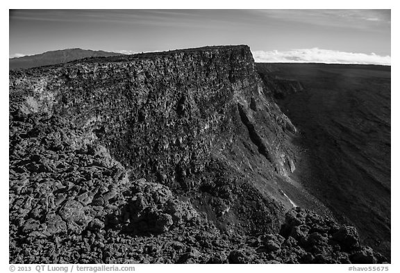 Mauna Kea, summit cliff, and Mokuaweoweo crater from top of Mauna Loa. Hawaii Volcanoes National Park (black and white)