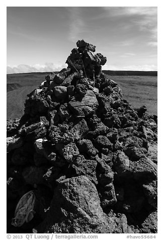 Mauna Loa summit cairn festoned with ritual offerings. Hawaii Volcanoes National Park (black and white)