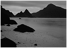 Beach and pointed peaks at dusk, Ofu Island. National Park of American Samoa (black and white)