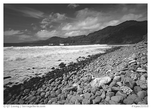 Beached coral heads and Vatia Bay, mid-day, Tutuila Island. National Park of American Samoa