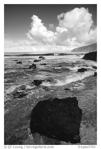 Coastline and boulders, Siu Point, morning, Tau Island. National Park of American Samoa (black and white)