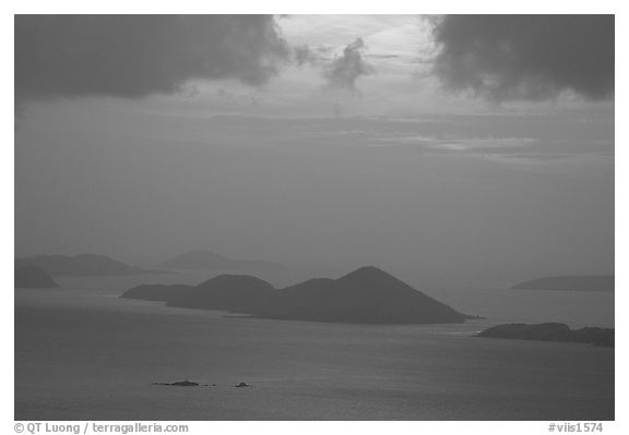 Sunset over small islands. Saint John, US Virgin Islands (black and white)