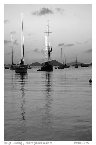 Sailboats in Cruz Bay harbor at sunset. Saint John, US Virgin Islands (black and white)