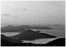Hills, harbor and boats at sunrise, Coral bay. Virgin Islands National Park, US Virgin Islands. (black and white)