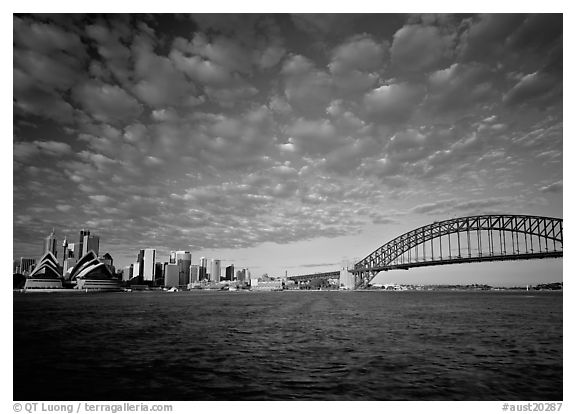 Opera House, skyline, and Harbor Bridge,. Sydney, New South Wales, Australia (black and white)
