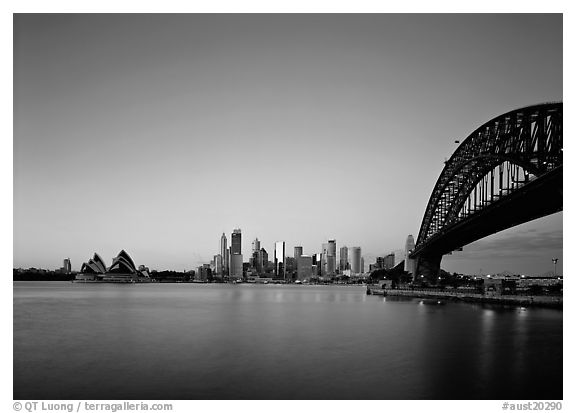 Harbor Bridge, skyline, and Opera House, dawn. Sydney, New South Wales, Australia (black and white)