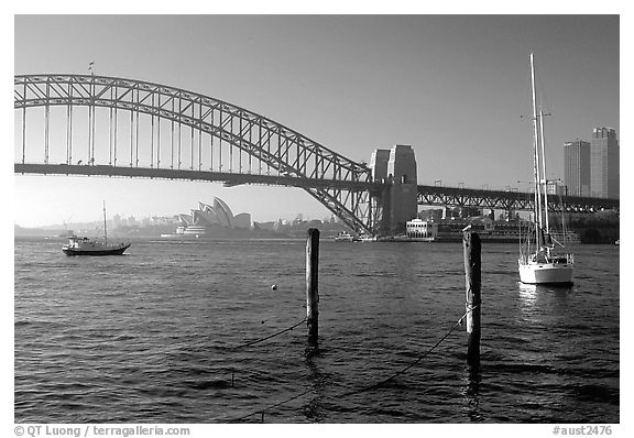 View across Harboor and Harboor bridge, morning. Sydney, New South Wales, Australia (black and white)