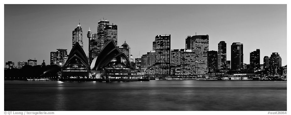 Sydney night cityscape and reflections. Sydney, New South Wales, Australia (black and white)