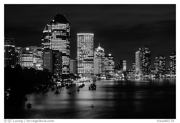 Brisbane reflected in the river at night. Brisbane, Queensland, Australia (black and white)