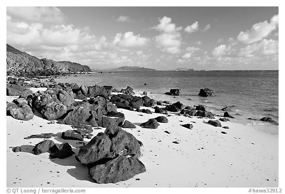 Volcanic rocks and beach, near Makai research pier,  early morning. Oahu island, Hawaii, USA (black and white)