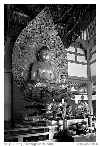 Amida seated on a lotus flower, the largest Buddha statue carved in over 900 years, Byodo-In Temple. Oahu island, Hawaii, USA (black and white)