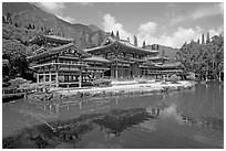 Byodo-In temple reflected in pond, morning. Oahu island, Hawaii, USA ( black and white)