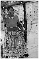 Fiji tribal chief inside vale levu house. Polynesian Cultural Center, Oahu island, Hawaii, USA (black and white)