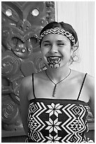 Maori woman with facial tatoo. Polynesian Cultural Center, Oahu island, Hawaii, USA (black and white)