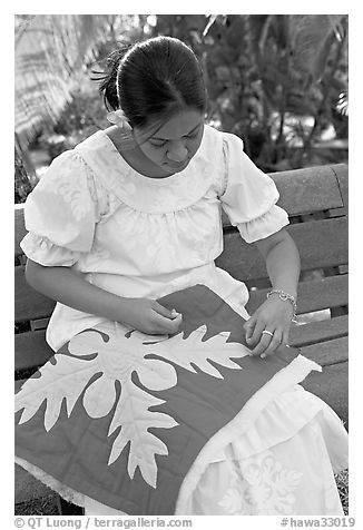 Woman quilting. Polynesian Cultural Center, Oahu island, Hawaii, USA (black and white)