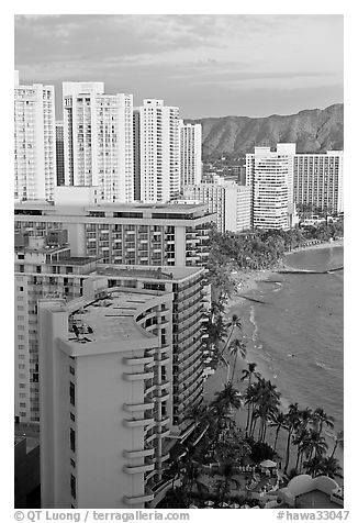 High rise hotels and beach seen from the Sheraton glass elevator, late afternoon. Waikiki, Honolulu, Oahu island, Hawaii, USA (black and white)