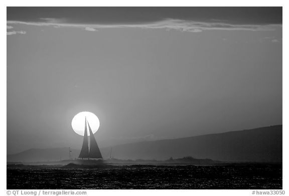 Sailboat and sun disk, sunset. Waikiki, Honolulu, Oahu island, Hawaii, USA (black and white)