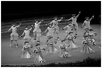 Hawaiian dancers on stage. Polynesian Cultural Center, Oahu island, Hawaii, USA ( black and white)