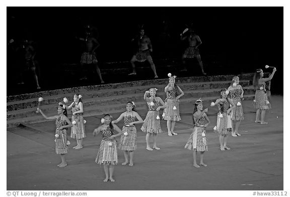 Dance Performance by Maori women. Polynesian Cultural Center, Oahu island, Hawaii, USA (black and white)