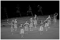 Dance Performance by Maori women. Polynesian Cultural Center, Oahu island, Hawaii, USA (black and white)