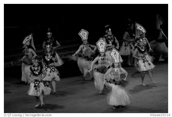 Tahitian celebration dance. Polynesian Cultural Center, Oahu island, Hawaii, USA (black and white)