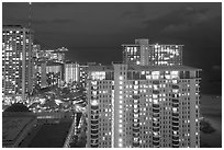 High-rise hotels at dusk. Waikiki, Honolulu, Oahu island, Hawaii, USA (black and white)