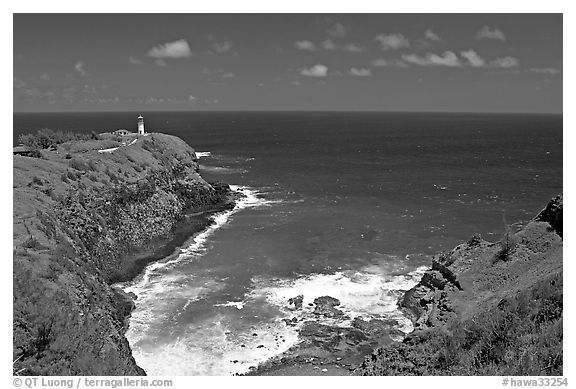 Kilauea Lighthouse and cove. Kauai island, Hawaii, USA (black and white)