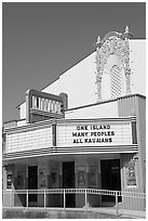 Movie theater with text celebrating Kauai, Lihue. Kauai island, Hawaii, USA (black and white)