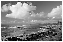 Coast north of Kapaa with Sleeping Giant profile, early morning. Kauai island, Hawaii, USA (black and white)