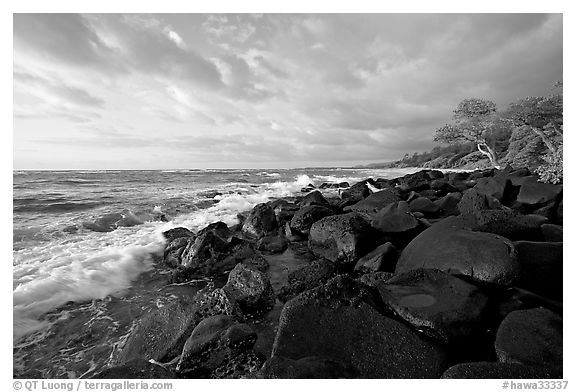 Boulders and coastline, Lydgate Park, sunrise. Kauai island, Hawaii, USA (black and white)