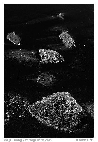 Mossy rocks and black sand, Punaluu black sand beach. Big Island, Hawaii, USA (black and white)
