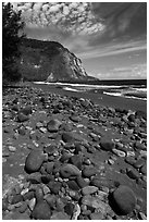 Rocks and black sand beach, Waipio Valley. Big Island, Hawaii, USA (black and white)