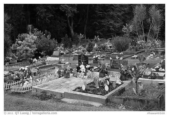 Tomb with easter eggs and rabbits, Hilo. Big Island, Hawaii, USA (black and white)