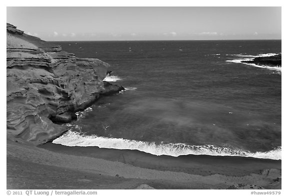 Green sand beach from above, South Point. Big Island, Hawaii, USA (black and white)