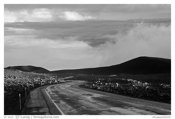 Road and sea of clouds. Mauna Kea, Big Island, Hawaii, USA (black and white)