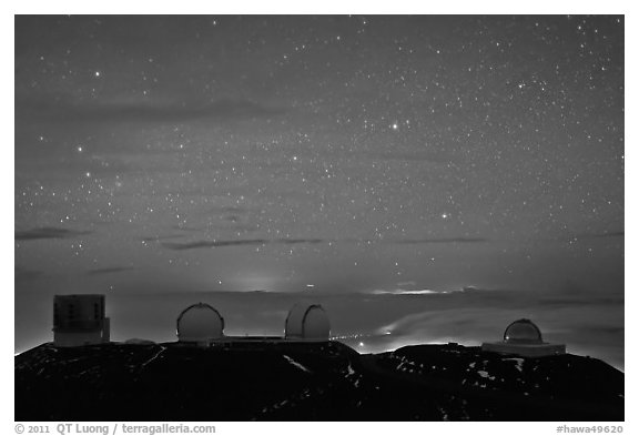 Mauna Kea observatories at night. Mauna Kea, Big Island, Hawaii, USA (black and white)