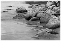 Mossy rocks on Hanakapiai Beach. Kauai island, Hawaii, USA (black and white)
