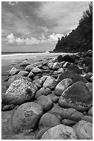 Hanakapiai Beach and rocks. Kauai island, Hawaii, USA ( black and white)