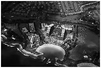 Aerial view of cove and resort. Honolulu, Oahu island, Hawaii, USA ( black and white)