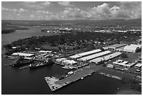 Hickam AFB and Pearl Harbor. Honolulu, Oahu island, Hawaii, USA (black and white)