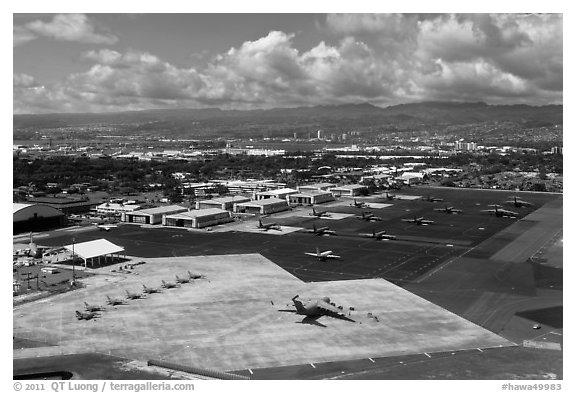 Aerial view of Hickam Air Force Base. Honolulu, Oahu island, Hawaii, USA (black and white)