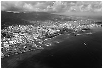 Aerial view of parks and city. Honolulu, Oahu island, Hawaii, USA ( black and white)