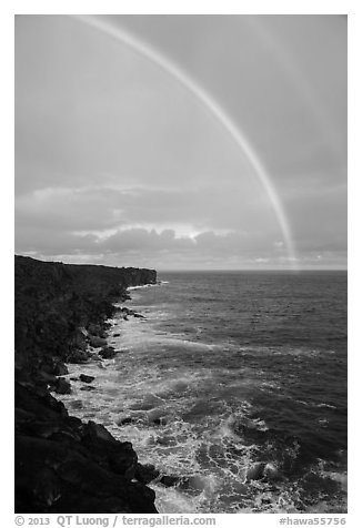 Volcanic coastline and double rainbow. Big Island, Hawaii, USA (black and white)