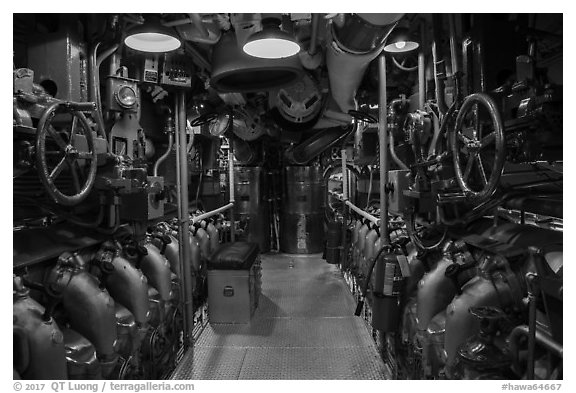Submarine machine room, USS Bowfin, World War 2 Valor in the Pacific National Monument. Oahu island, Hawaii, USA (black and white)