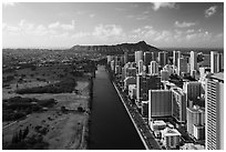 Aerial view of Ala Wai Canal and downtown Waikiki. Honolulu, Oahu island, Hawaii, USA ( black and white)