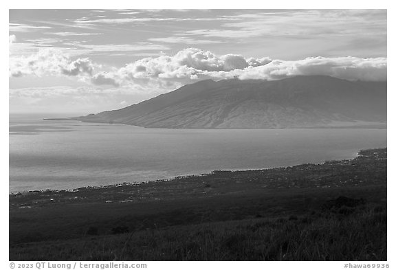 Kihei and West Maui from Piilani Highway. Maui, Hawaii, USA (black and white)